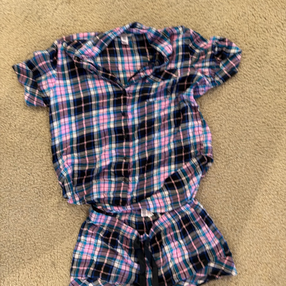 Victoria secret Pink and Navy Plaid Short Sleeve PJ Set